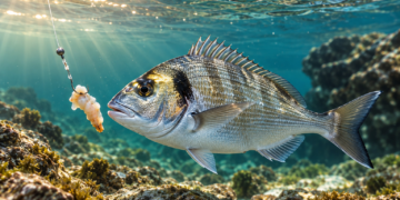 Goldbrasse (Dorade) schwimmt vor einem Naturköder über felsigem Meeresgrund im klaren Mittelmeerwasser.