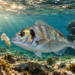 Goldbrasse (Dorade) schwimmt vor einem Naturköder über felsigem Meeresgrund im klaren Mittelmeerwasser.