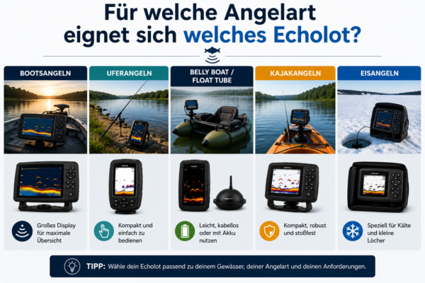 Infografik zeigt, welches Echolot sich für Bootsangeln, Uferangeln, Belly Boat, Kajakangeln und Eisangeln am besten eignet und welche Geräteeigenschaften jeweils wichtig sind.