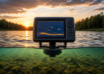 Modernes Echolot mit Fischfinder zeigt Sonardaten über einem See, während unter Wasser Fische und Gewässerstrukturen sichtbar sind – Titelbild zum Thema Echolot mit Fischfinder.