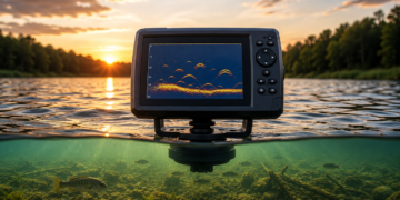 Modernes Echolot mit Fischfinder zeigt Sonardaten über einem See, während unter Wasser Fische und Gewässerstrukturen sichtbar sind – Titelbild zum Thema Echolot mit Fischfinder.
