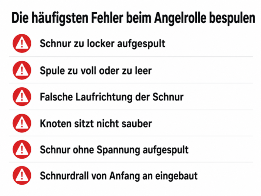 Übersicht der häufigsten Fehler beim Angelrolle bespulen wie zu lockere Schnur, falscher Füllstand und Schnurdrall