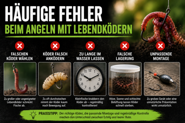 Infografik mit den häufigsten Fehlern beim Angeln mit Lebendködern und Tipps zur richtigen Köderwahl, Lagerung und Montage.