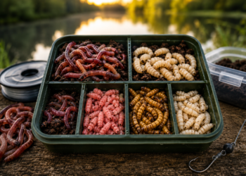 Übersicht verschiedener Lebendköder zum Angeln wie Tauwürmer, Maden, Pinkies, Mehlwürmer und Zophobas in einer Köderbox am See.