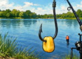 Angelhaken mit einem Maiskorn als Köder vor einem See