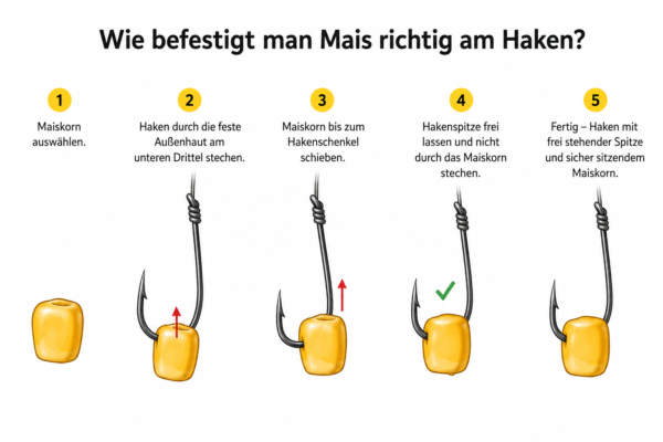 Zeichnung mit fünf Schritten, wie ein Maiskorn richtig auf einen Angelhaken gezogen wird