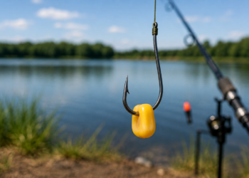 Angelhaken mit einem Maiskorn als Köder vor einem See