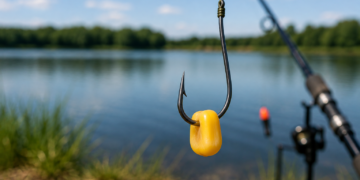 Angelhaken mit einem Maiskorn als Köder vor einem See