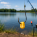 Angelhaken mit einem Maiskorn als Köder vor einem See
