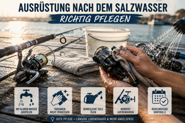 Angelrolle und Rute werden nach dem Salzwasser mit klarem Wasser gereinigt und sorgfältig gepflegt.