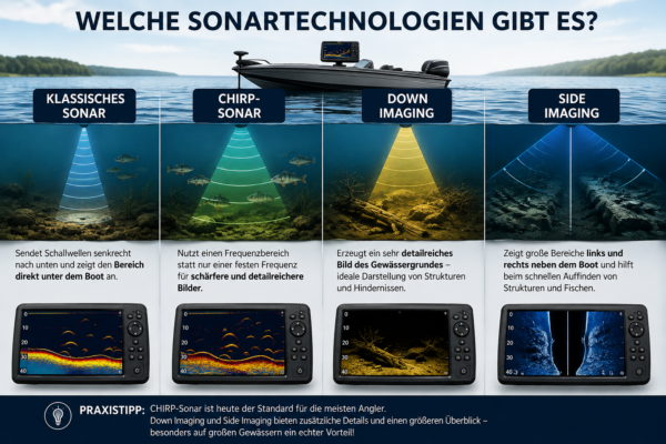 Infografik zeigt die Unterschiede zwischen klassischem Sonar, CHIRP-Sonar, Down Imaging und Side Imaging bei einem Echolot mit Fischfinder und erklärt die jeweilige Funktionsweise.
