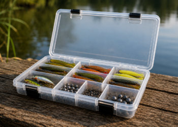 Tacklebox zum Angeln mit Gummifischen, Wobblern und Jigköpfe