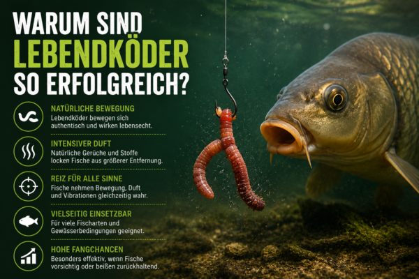 Infografik erklärt, warum Lebendköder durch natürliche Bewegung, Geruch und Vibrationen beim Angeln besonders erfolgreich sind.