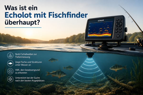 Grafik erklärt, wie ein Echolot mit Fischfinder mithilfe von Sonar den Gewässergrund, Fischschwärme und Unterwasserstrukturen erkennt und auf dem Display darstellt.