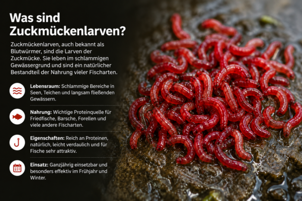 Infografik erklärt, was Zuckmückenlarven sind, wo sie leben und warum sie als natürlicher Köder beim Angeln für viele Fischarten so erfolgreich sind.