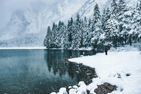 Ruhiger See mit verschneiten Bäumen und Bergen – ideale Bedingungen für das Angeln auf Zander im Winter.