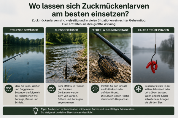 Infografik zeigt die besten Einsatzgebiete für Zuckmückenlarven beim Angeln – von stehenden Gewässern über Flüsse bis hin zu Feeder- und Grundmontagen sowie kalten Jahreszeiten.