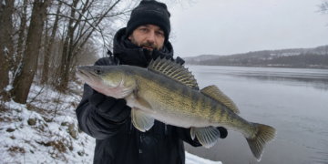 Angler hält einen großen Zander an einem verschneiten Gewässer in die Kamera.