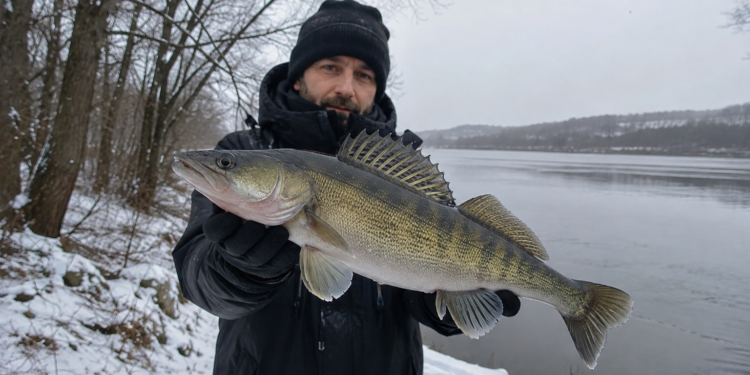 Angler hält einen großen Zander an einem verschneiten Gewässer in die Kamera.