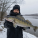 Angler hält einen großen Zander an einem verschneiten Gewässer in die Kamera.