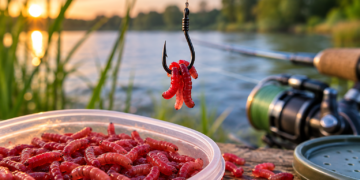 Frische rote Zuckmückenlarven in einer Köderdose mit am Haken angeköderten Larven am Ufer eines Sees – Titelbild für den Ratgeber über Zuckmückenlarven zum Angeln.