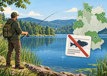 Angler am See mit durchgestrichenem Angelschein und Deutschlandkarte mit regionalen Ausnahmen