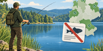 Angler am See mit durchgestrichenem Angelschein und Deutschlandkarte mit regionalen Ausnahmen
