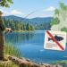 Angler am See mit durchgestrichenem Angelschein und Deutschlandkarte mit regionalen Ausnahmen