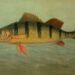 Historische Illustration eines Flussbarsches mit dunklen Querstreifen und roten Flossen