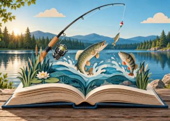 Aufgeschlagenes Angelbuch mit Angelrute, Ködern und Süßwasserfischen am See