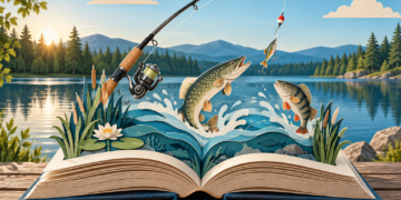 Aufgeschlagenes Angelbuch mit Angelrute, Ködern und Süßwasserfischen am See