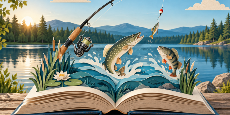 Aufgeschlagenes Angelbuch mit Angelrute, Ködern und Süßwasserfischen am See