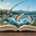 Aufgeschlagenes Angelbuch mit Angelrute, Ködern und Süßwasserfischen am See