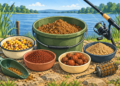 Illustration verschiedener Fischfutter für Angler mit Grundfutter, Partikeln, Pellets und Boilies am See