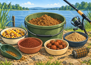 Illustration verschiedener Fischfutter für Angler mit Grundfutter, Partikeln, Pellets und Boilies am See
