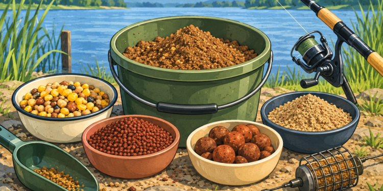 Illustration verschiedener Fischfutter für Angler mit Grundfutter, Partikeln, Pellets und Boilies am See