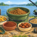 Illustration verschiedener Fischfutter für Angler mit Grundfutter, Partikeln, Pellets und Boilies am See