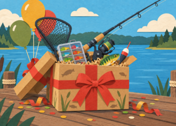 Offene Geschenkbox mit Angelausrüstung zum Geburtstag für Angler