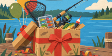 Offene Geschenkbox mit Angelausrüstung zum Geburtstag für Angler