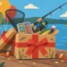 Offene Geschenkbox mit Angelausrüstung zum Geburtstag für Angler