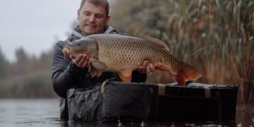 Angler präsentiert einen großen Karpfen beim Angeln mit Karpfenködern