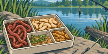 Illustrierte Lebendköder zum Angeln mit Würmern, Maden, Mehlwürmern und Heuschrecke