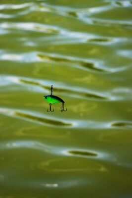 Grüner Lipless Crankbait mit zwei Drillingshaken hängt über dem Wasser