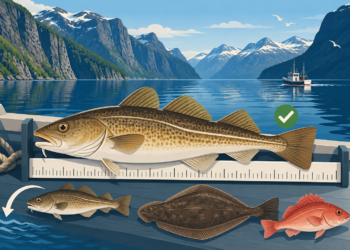 Illustrierter Dorsch auf einem Maßbrett vor einem norwegischen Fjord