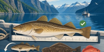Illustrierter Dorsch auf einem Maßbrett vor einem norwegischen Fjord