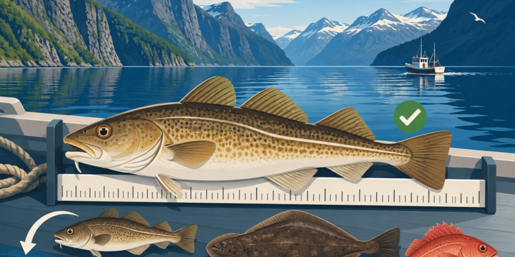Illustrierter Dorsch auf einem Maßbrett vor einem norwegischen Fjord