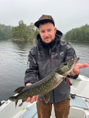 Angler hält einen Hecht beim Bootsangeln auf einem skandinavischen See