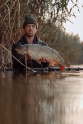 Angler hält einen Schuppenkarpfen im Wasser vor einem Schilfufer