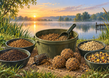 Verschiedene Sorten Sensas Futter mit Futterballen und Futterkorb am See
