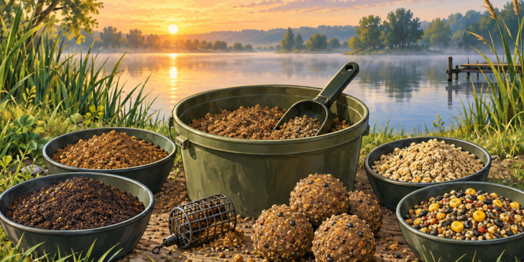 Verschiedene Sorten Sensas Futter mit Futterballen und Futterkorb am See